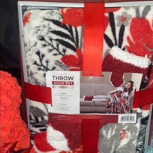 Cozy Red/Gray/Black Throw Blanket and Sock Set NWT
